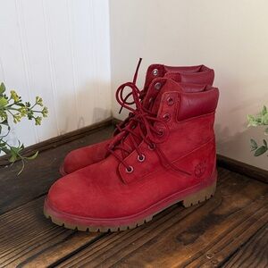 Timberland Red Leather Nubuck Lace-Up Work Boots